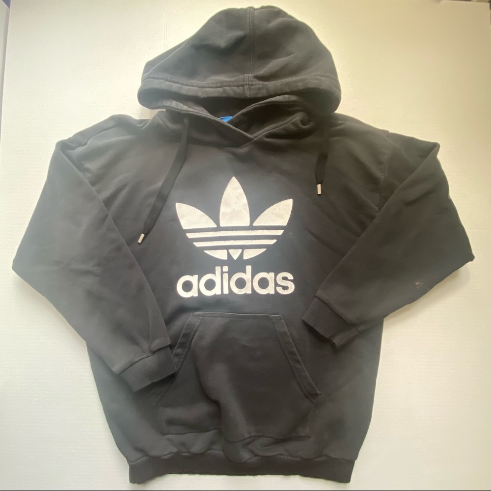 Adidas Trefoil Hoodie Black Pull Over Long Sleeve Kangaroo Pocket; Men Size Med